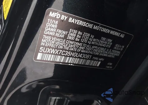 2017 BMW X3 xDrive35I из США, поврежденный, VIN 5UXWX7C35H0U43081